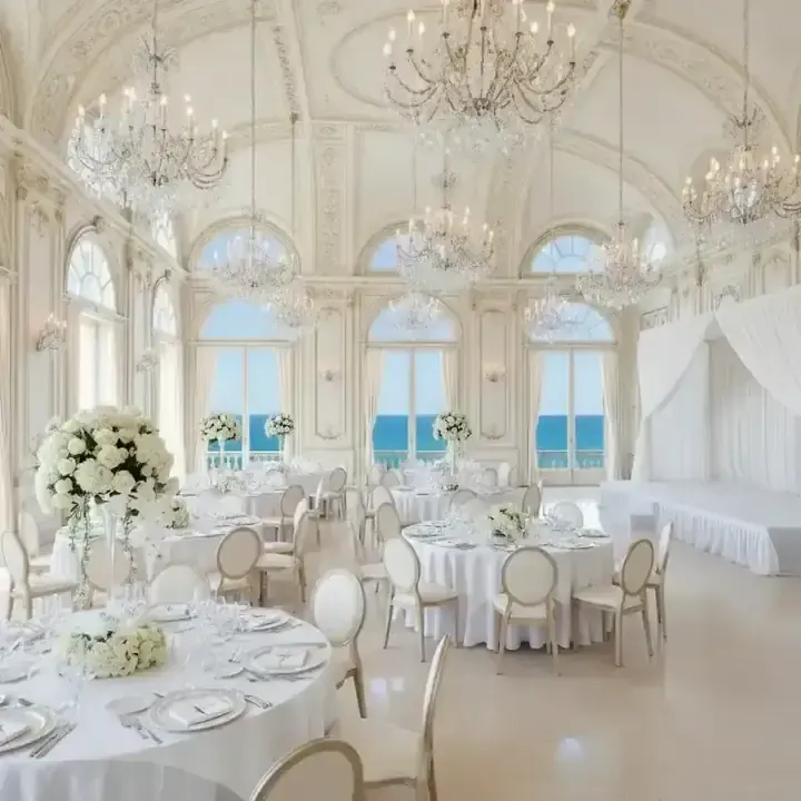Salão de baile elegante preparado para gala corporativa com vista para o Atlântico